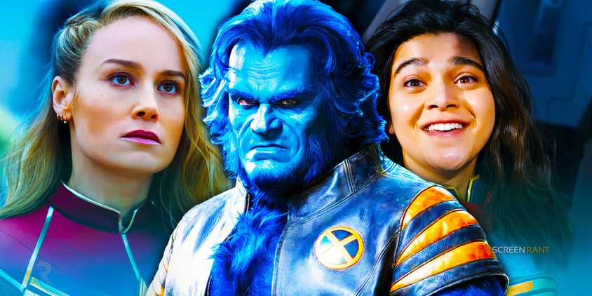 Ms. Marvel happy and Captain Marvel surprised from The Marvels on each side with Kelsey Grammer’s Beast in the middle