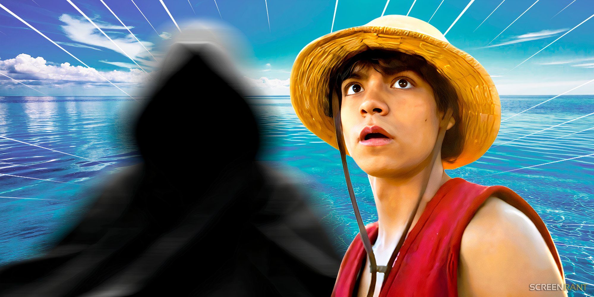 Inaki Godoy as Luffy looking shocked in One Piece and a mystery shadow.