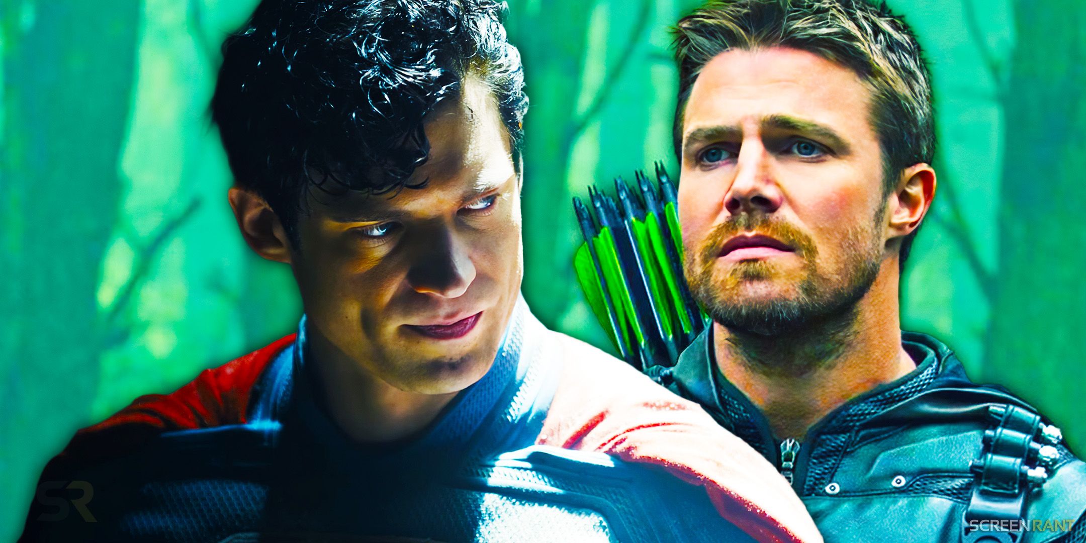 David Corenswet looking serious as Superman next to Stephen Amell&rsquo;s Green Arrow from The CW