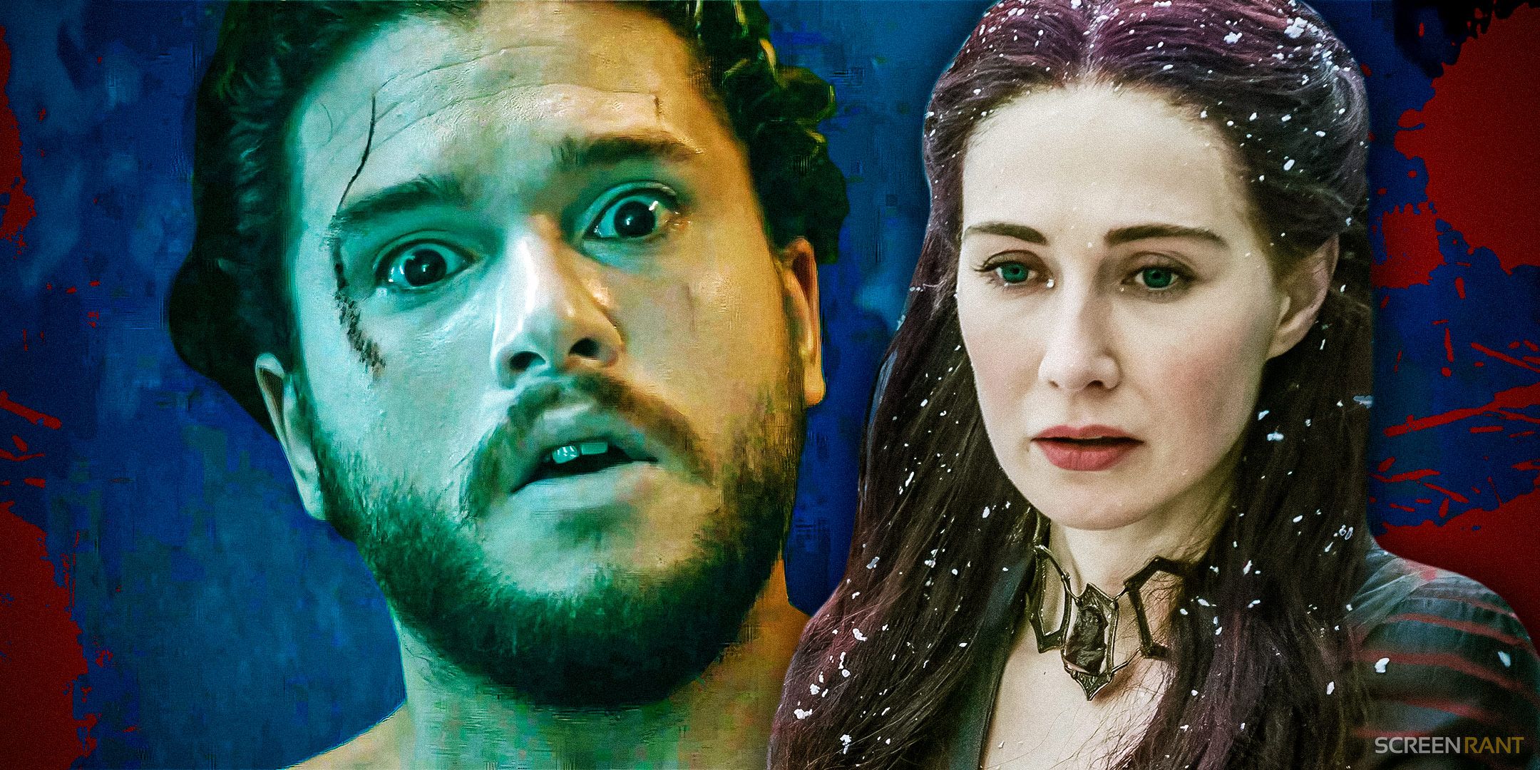 Jon Snow looking shocked as he&rsquo;s resurrected, alongside Melisandre in Game of Thrones