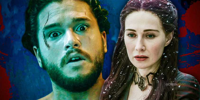 Jon Snow looking shocked as he's resurrected, alongside Melisandre in Game of Thrones