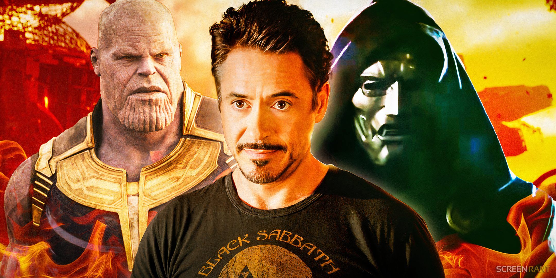 Robert Downey Jr.’s Tony Stark smiling in the middle and Doctor Doom from 2005’s Fantastic Four &amp; Thanos from Avengers: Infinity War on each side