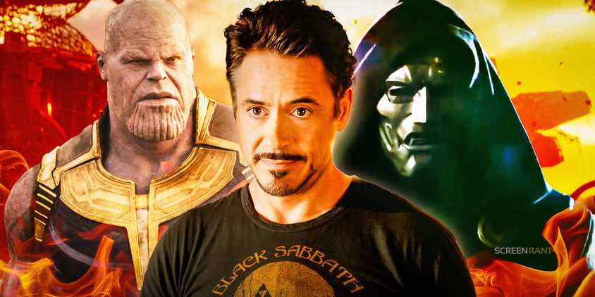 Robert Downey Jr.’s Tony Stark smiling in the middle and Doctor Doom from 2005’s Fantastic Four & Thanos from Avengers: Infinity War on each side