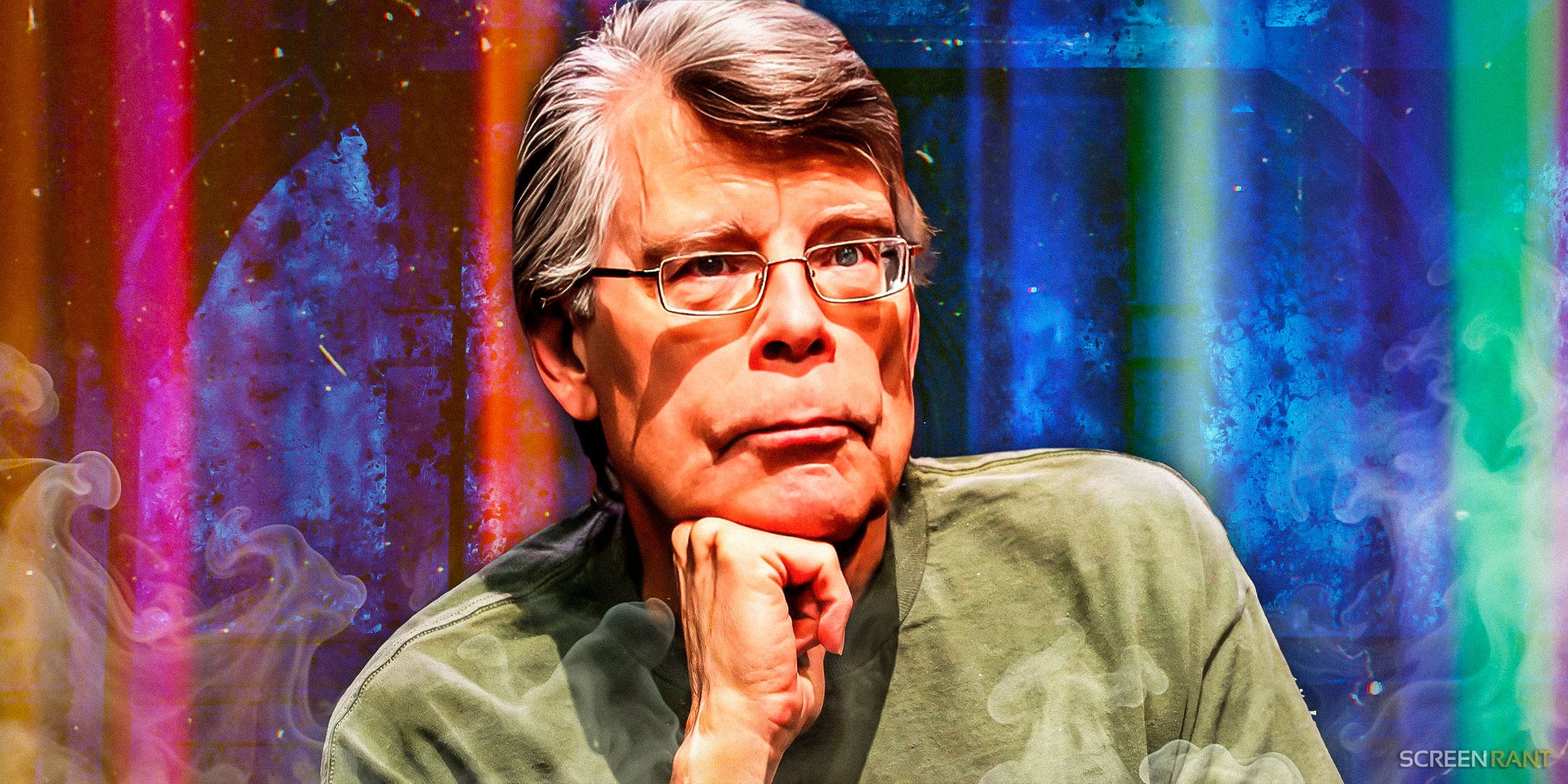 Stephen King with his hand on his chin, and a colorful background