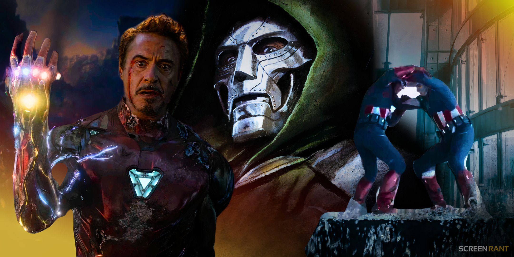 Robert Downey Jr.’s Tony Stark from Avengers: Endgame, Captain America from when he fights himself in Endgame, and Doctor Doom in the background