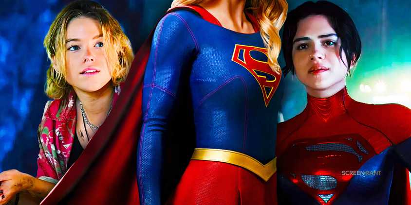 Milly Alcock and Sasha Calle on Supergirl on each side with Melissa Benoist’s Supergirl without the head in the middle