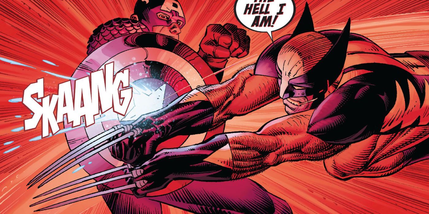 Wolverine attacks Captain America in Marvel Comics.