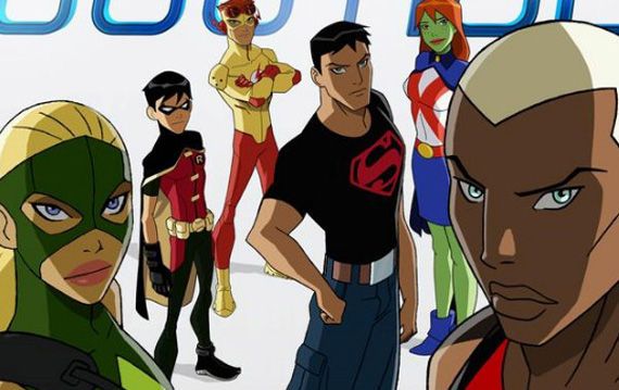 Young Justice features Superboy, Robin, Aqualad, Miss Martian, Kid Flash, and Artemis.
