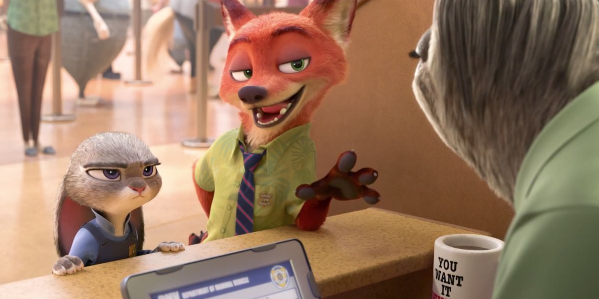 Nick talking to Flash while Judy looks annoyed in Zootopia.