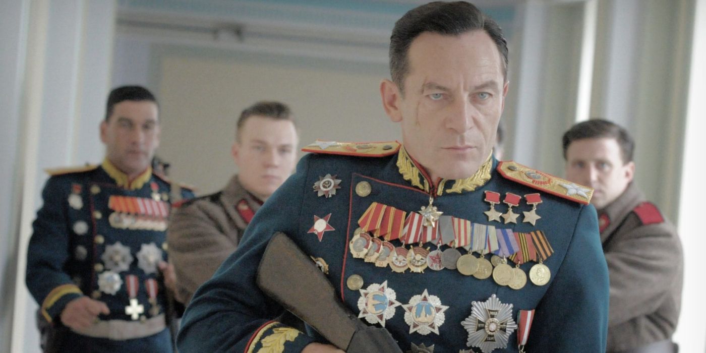 Jason Isaacs with a gun in The Death of Stalin - Originally Portrayed Lucius Malfoy - Jason Isaacs as Mister Sinister