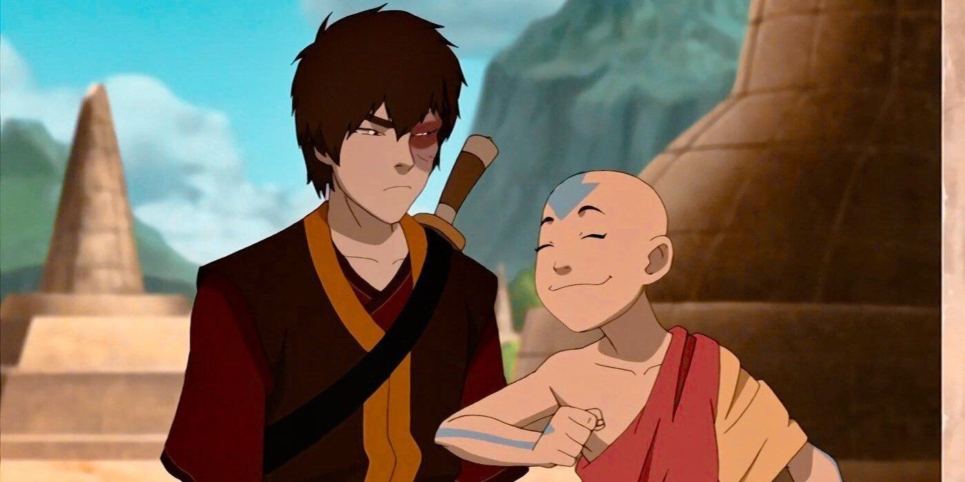 Aang nudges Zuko in Avatar the Last Airbender