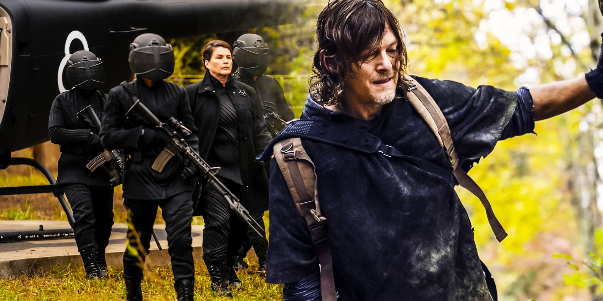 Composite image of Daryl and members of the CRM in The Walking Dead
