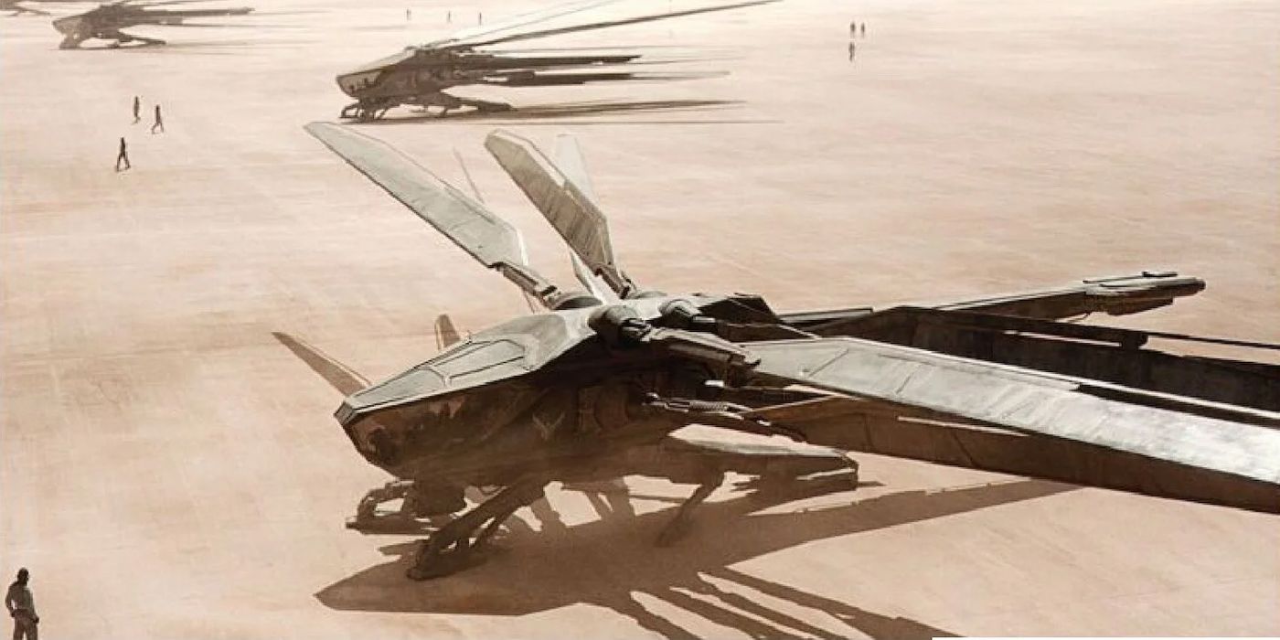 Um veículo ornitóptero aterrado de Dune (2021)