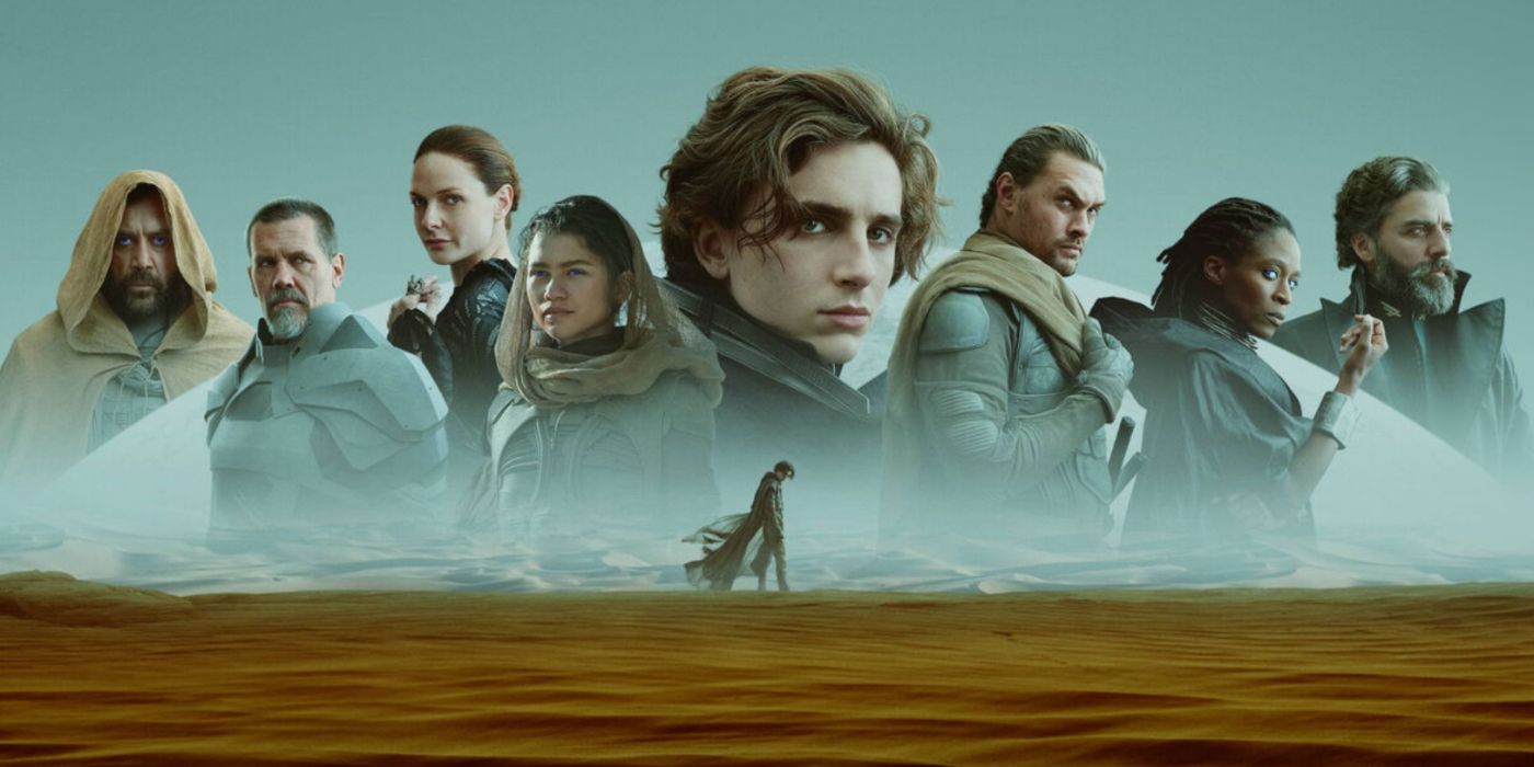 Arte promocional de Dune apresentando o elenco principal com Paul caminhando pelas areias de Arrakis.