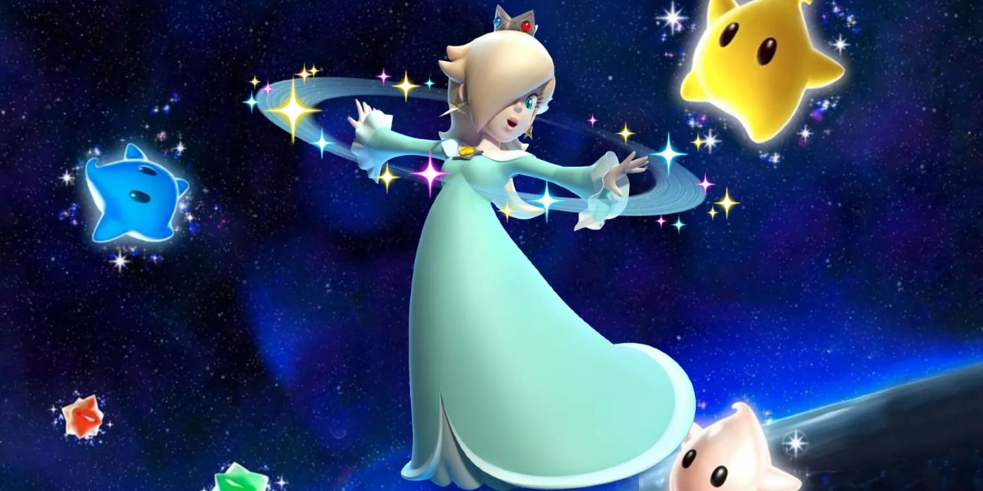 Princesa Rosalina em Mario Galaxy cercada por Lumas coloridas