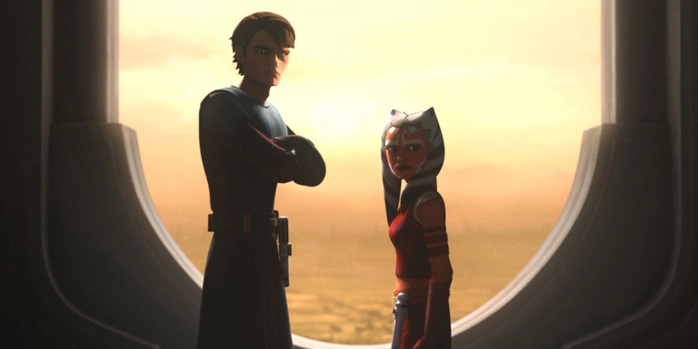 Tales of the Jedi Anakin and Ahsoka arguing in front of a Coruscant window