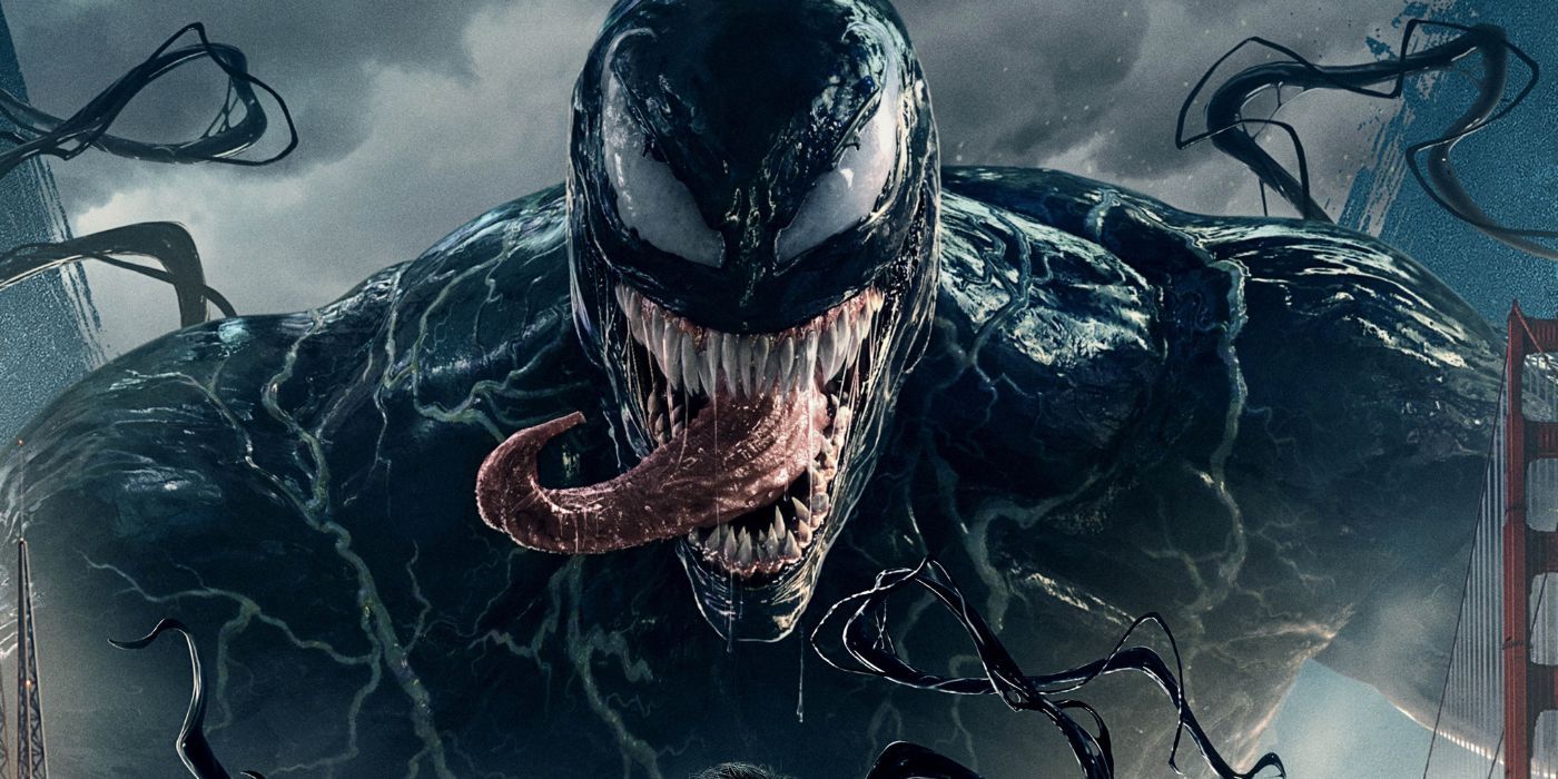 Promotional image of Venom with his tongue out in Sony's Venom