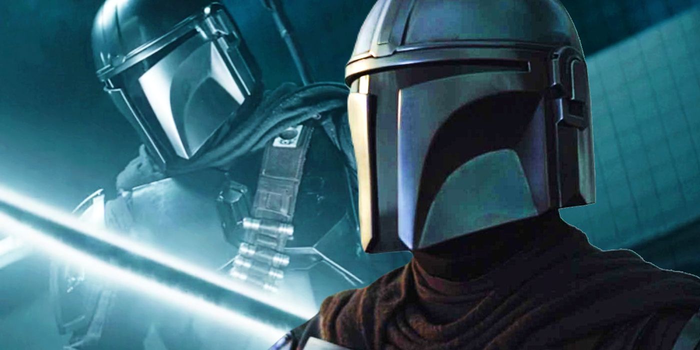 Din Djarin with the Darksaber in Boba Fett; Mando in The Mandalorian season 3