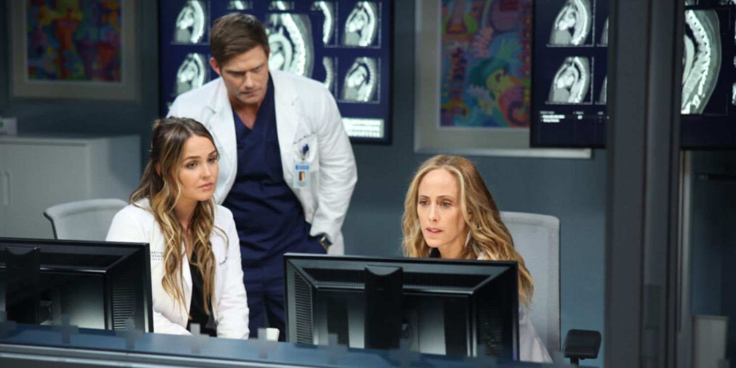 An image of Jo, Link and Teddy looking at a computer in Grey's Anatomy