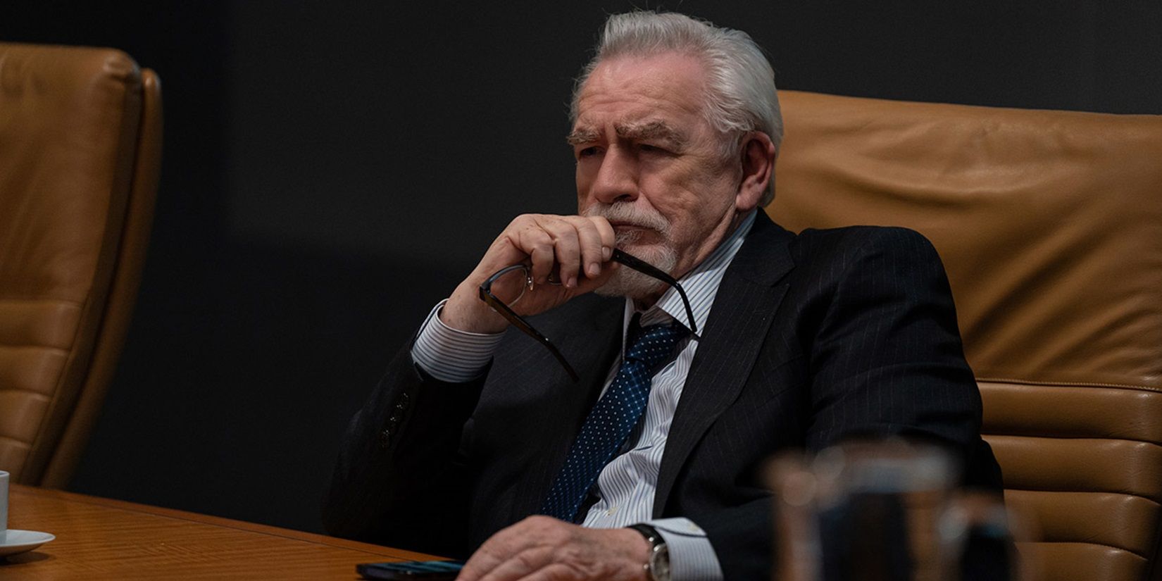 Brian Cox as Logan Roy in a board room in Succession