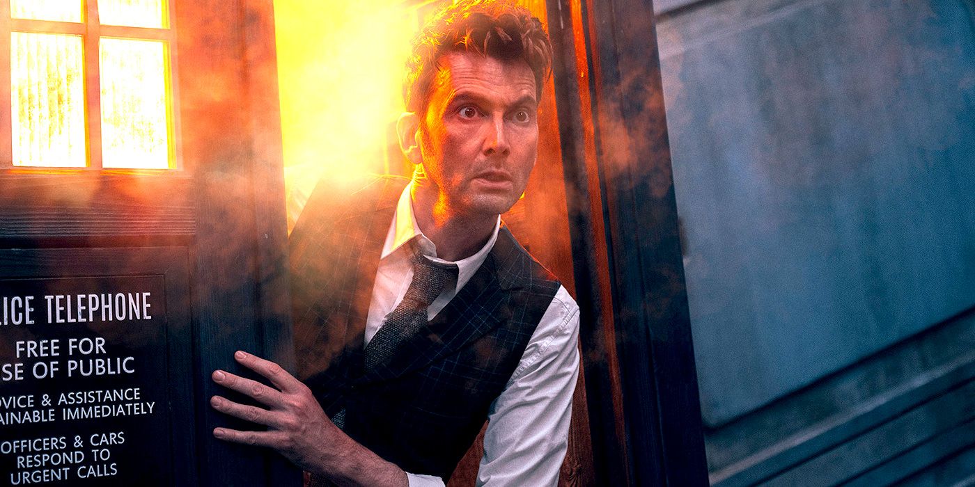 David Tennant as the 14th Doctor, leaning out of the TARDIS