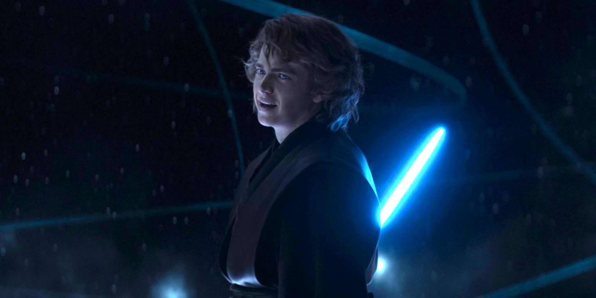 Anakin Skywalker in Ahsoka brandishing his blue lightsaber in the World Between Worlds