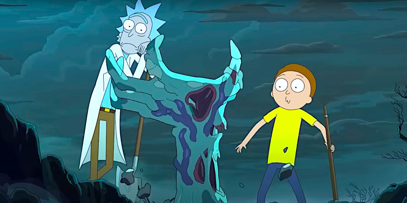 Rick and Morty react to a rotting zombie hand rising from the ground - Rick and Morty must find a story as compelling as Rick Prime’s arc - Rick & Morty Season 8's Canon Plot Needs High Stakes