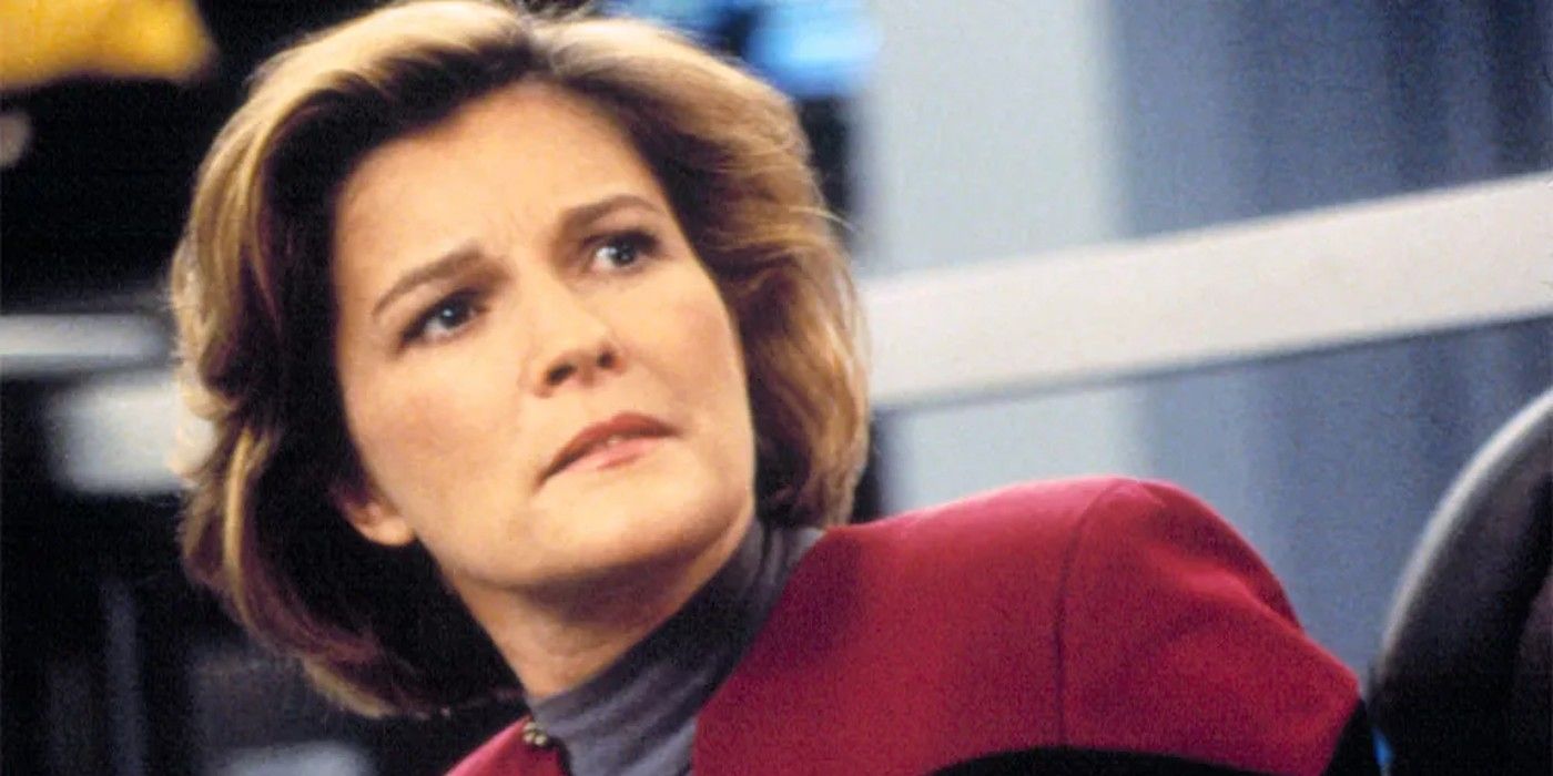 Janeway with her natural bob hairstyle from Star Trek: Voyager.
