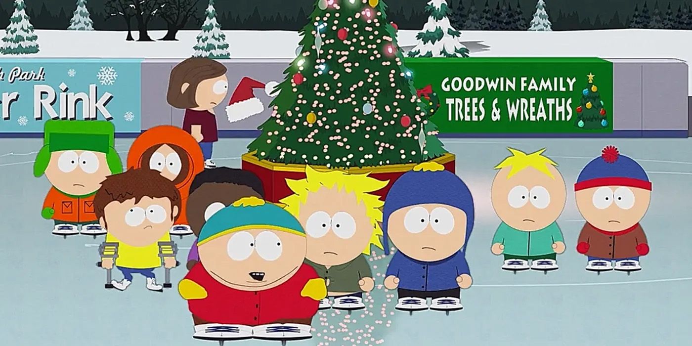 From left to right, Kyle, Jimmy, Kenny, Tolkien, Cartman, Tweek, Craig, Butters, and Stan skate on an ice rinkon South Park