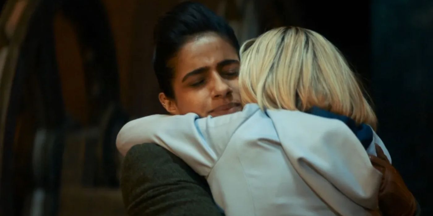 Yaz hugs the Thirteenth Doctor in Doctor Who