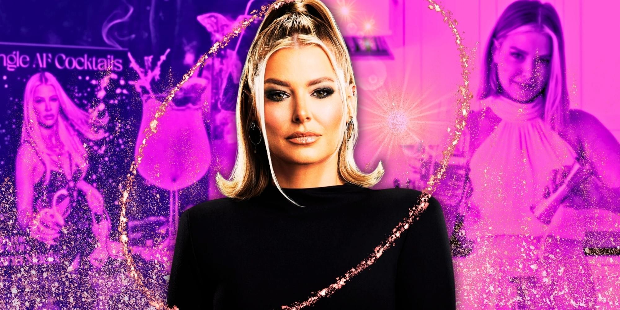 Vanderpump Rules's Ariana Madix in front of pink cocktail-themed montage - In Los Angeles, Ariana Was Planning Her Next Move - Ariana Began Itemizing Everything In The House To Ensure Her And Tom Get A Fair Split
