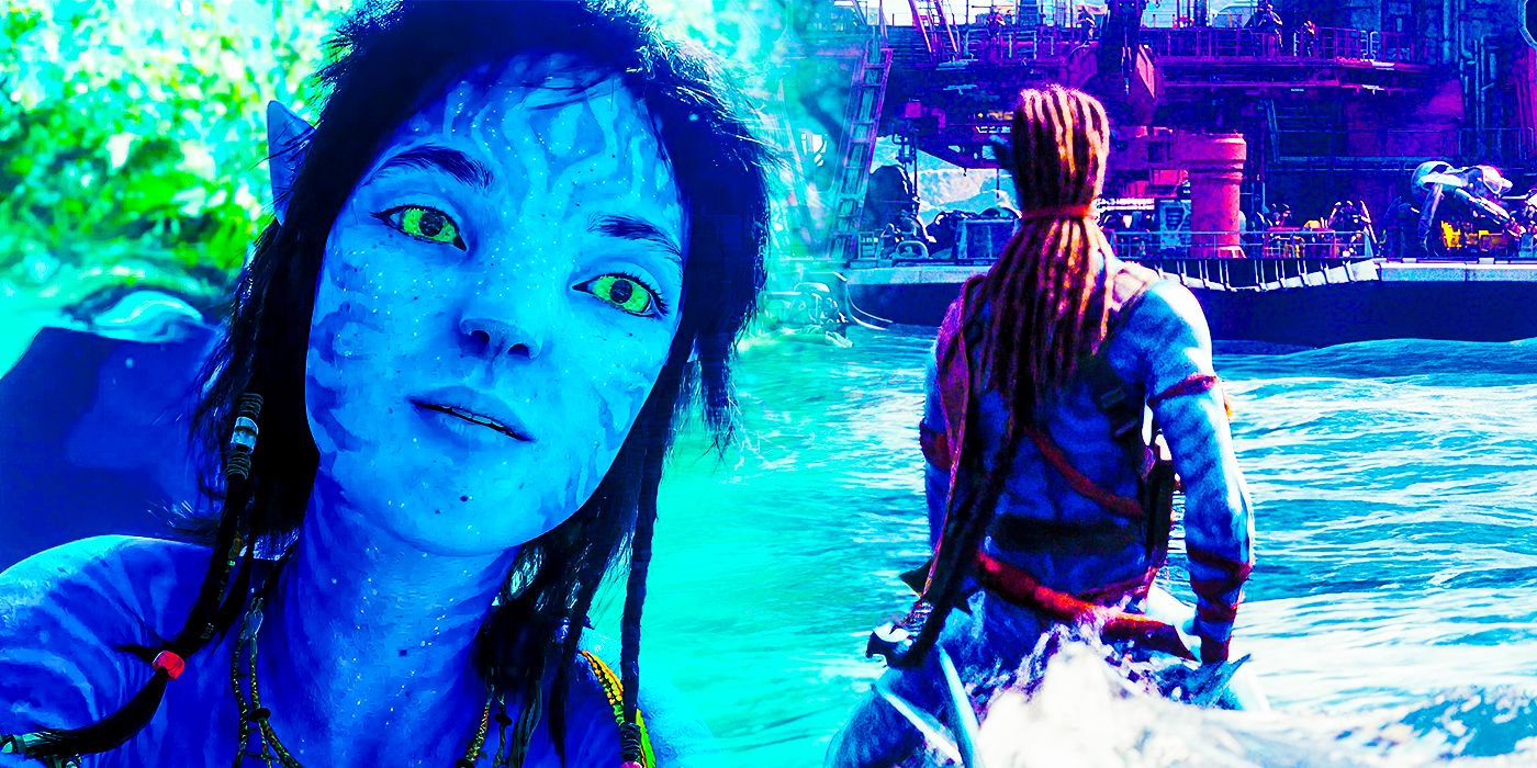 Collage of Kiri (Sigourney Weaver) and Jake (Sam Worthington) in Avatar: The Way of Water 
