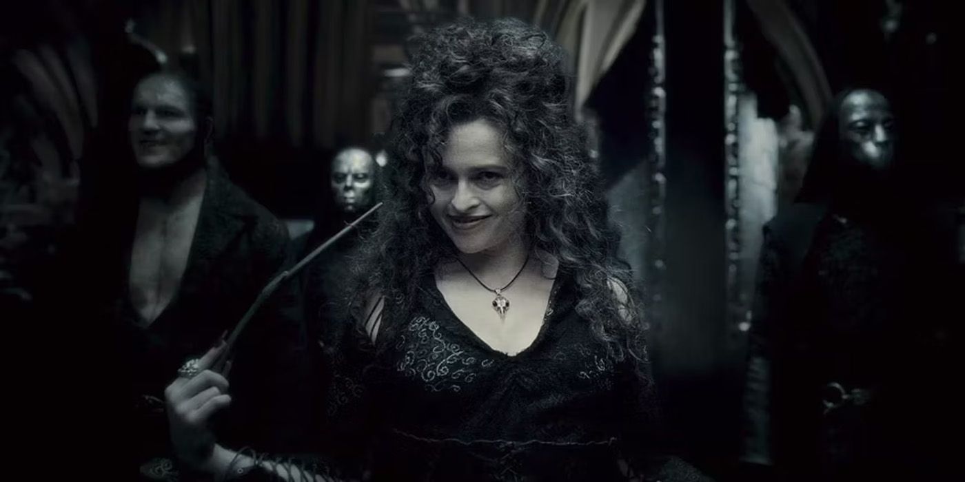 Helena Bonham Carter's Bellatrix Lestrange smiles and points a wand at her head in Harry Potter - Originally Portrayed Bellatrix Lestrange - Helena Bonham Carter as Selene