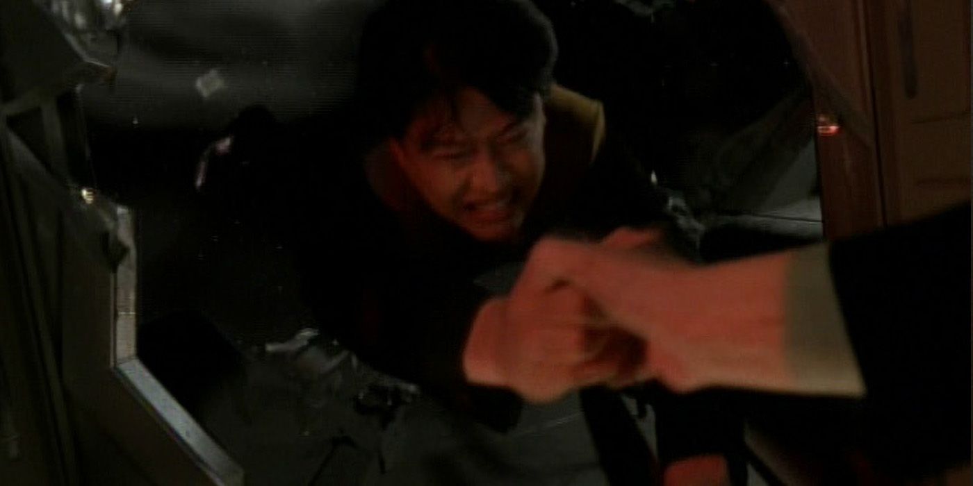 Garrett Wang as Harry Kim sucked into space in Voyager Deadlock