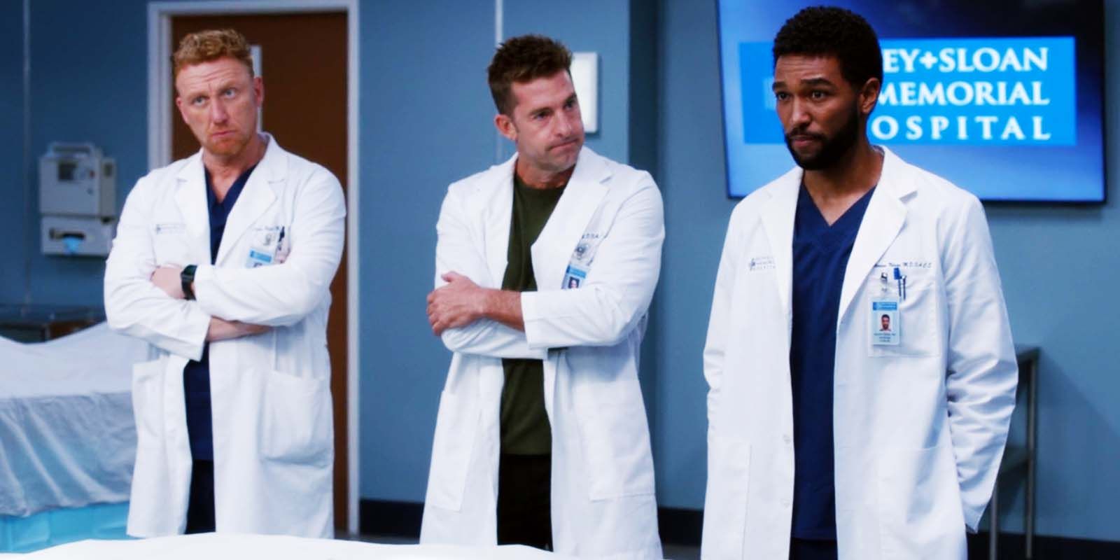 Kevin McKidd as Owen Hunt, Scott Speedman as Nick Marsh, and Anthony Hill as Winston Ndugu in Grey's Anatomy season 19 episode 5