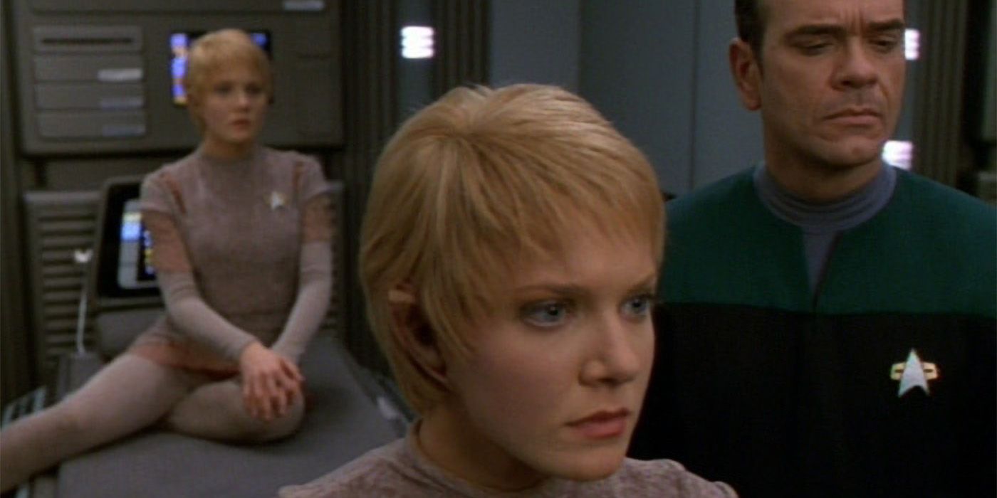 Robert Picardo as the Doctor with 2 Versions of Kes played by Jennifer Lien in Voyager