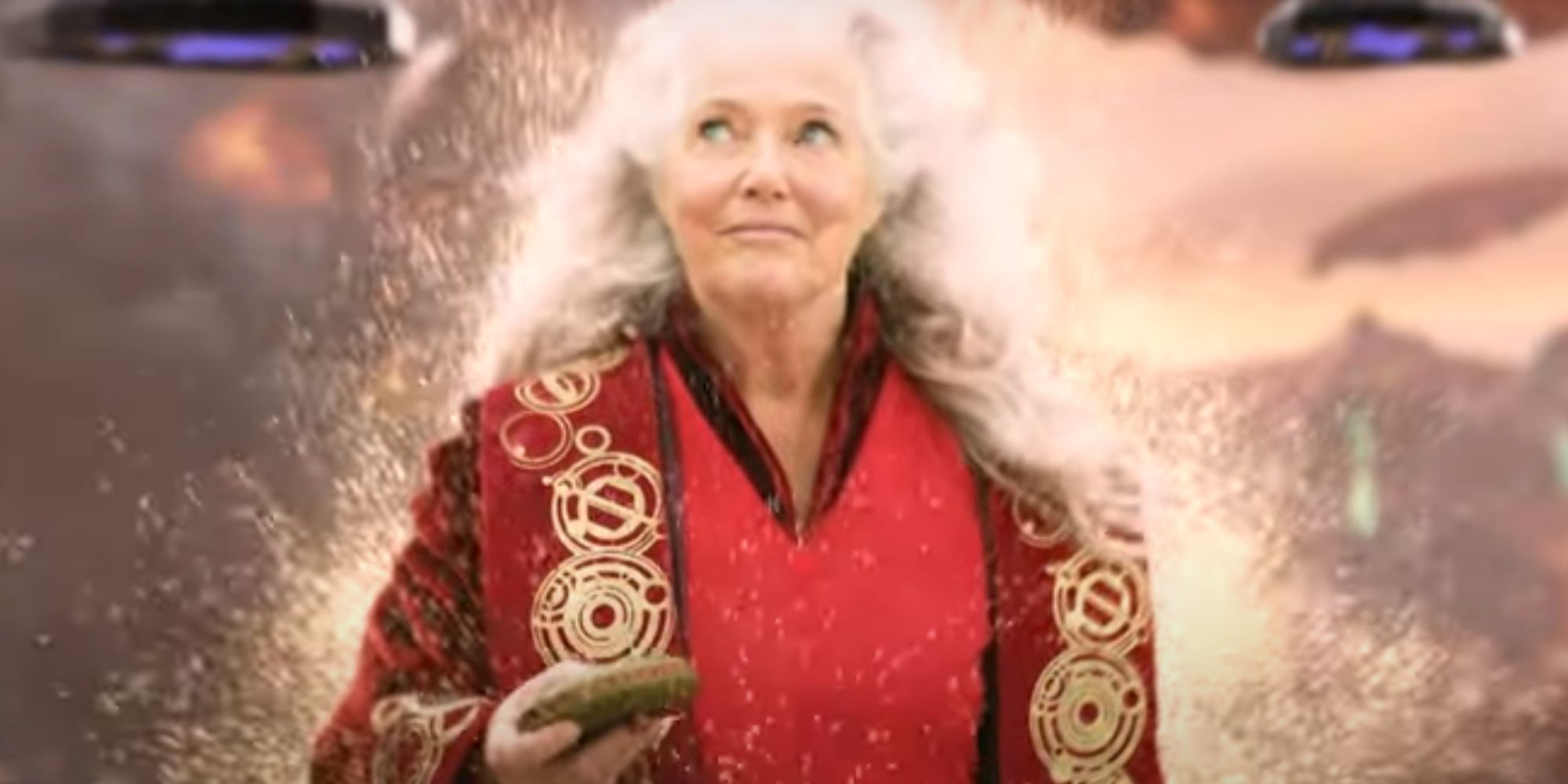 Louise Jameson as Leela smiling as she begins to teleport in a Doctor Who YouTube short