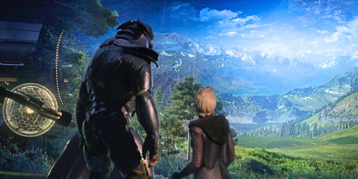 Cortana (Jen Taylor) shows The Arbiter aka Var 'Gatanai (Viktor Åkerblom) and Makee (Charlie Murphy) a vision of Halo in Halo season 2 - Cortana Helps Makee When The Arbiter Threatens Her In Episode 5