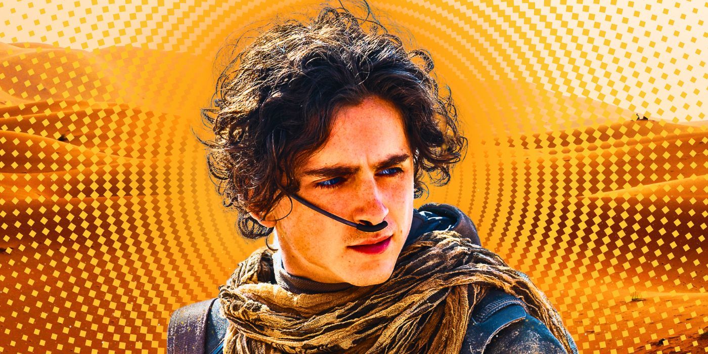 Paul Atreides (Timothee Chalamet) wearing a stillsuit and its nosepiece set against a backdrop of sand dunes in Dune: Part 2