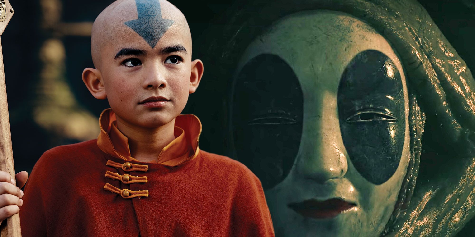 Koh the Face Stealer looking at Aang next to Aang holding his staff in Netflix's Avatar: The Last Airbender  - How The Last Airbender Changes Koh The Face-Stealer