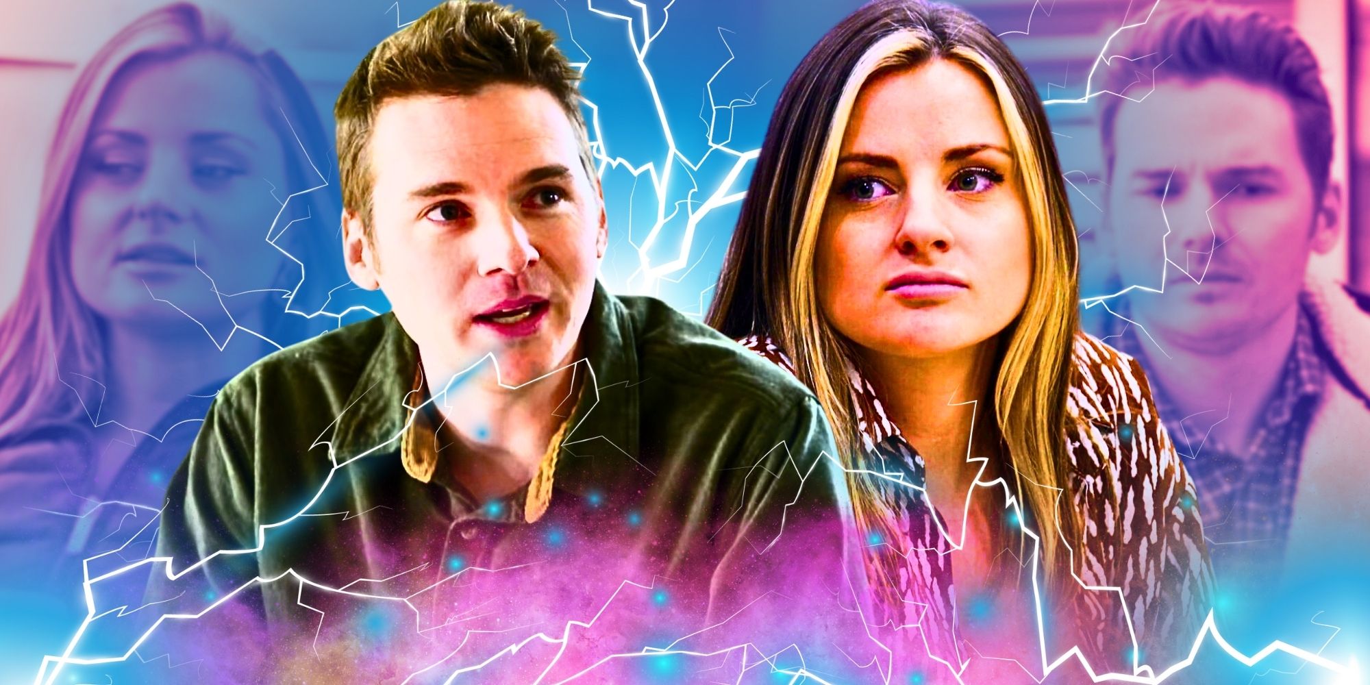 Married At First Sight Season 17 Cameron Frazer in green shirt And Clare Kerr in printed top side by side mid argument surrounded by lightning and sparks - Should Cameron & Clare Continue Their Relationship?