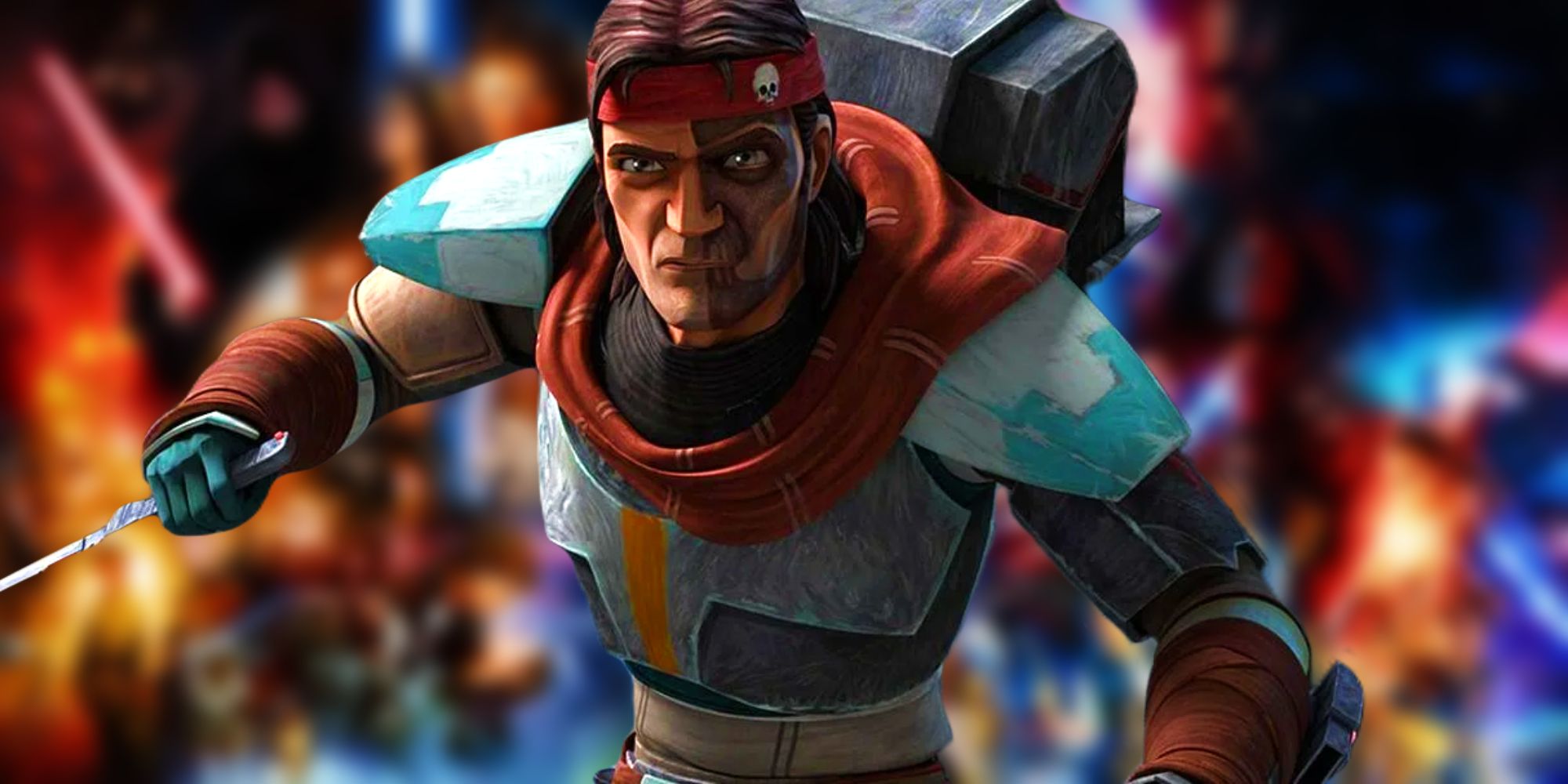 Hunter from The Bad Batch atop a blurred image of the Star Wars Skywalker Saga timeline - The leader of the Bad Batch and master tracker