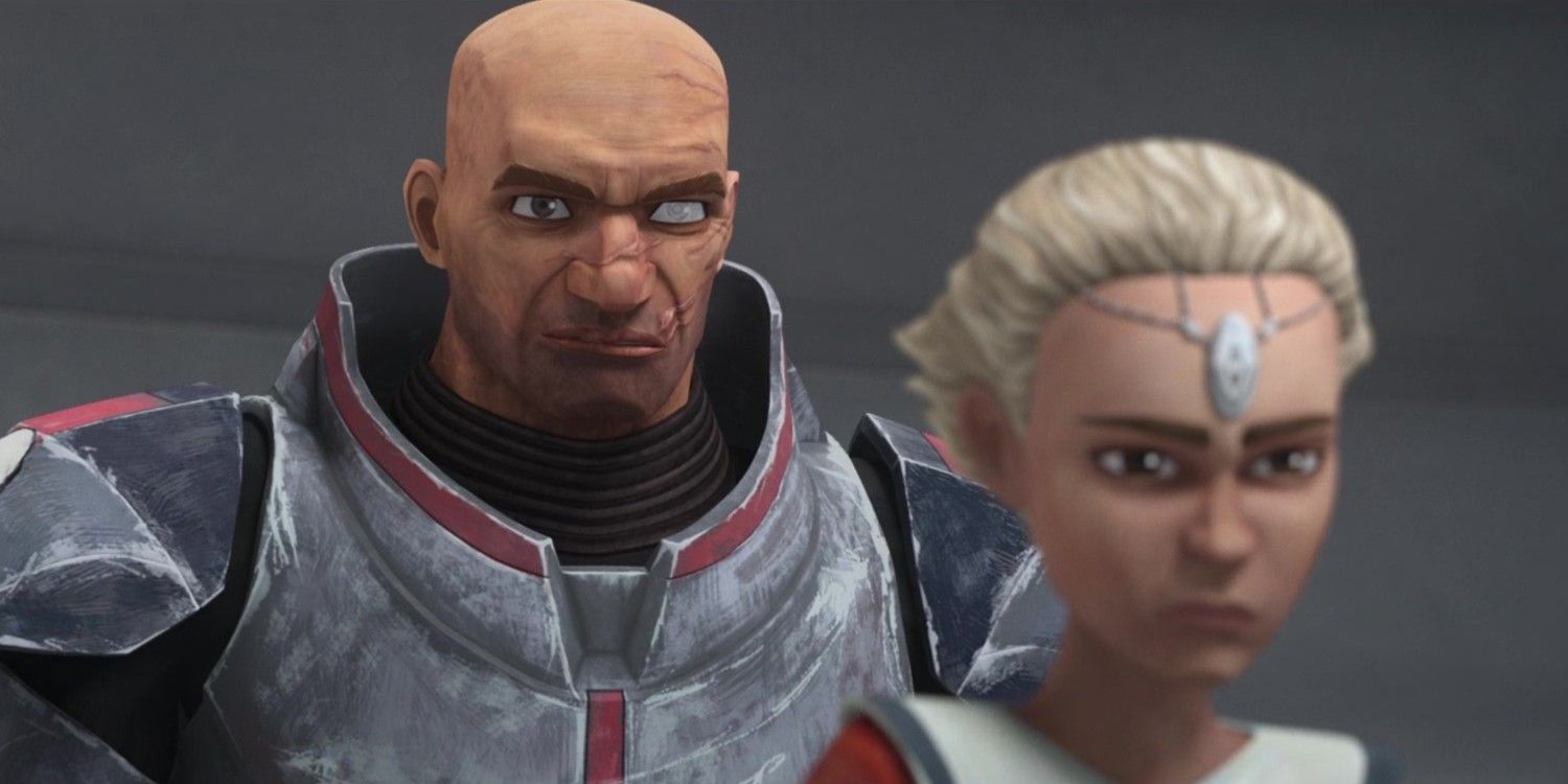 Wrecker scowls at an off-screen clone while standing behind and defending Omega in The Bad Batch season 1 episode 1 - The reckless muscle of Clone Force 99